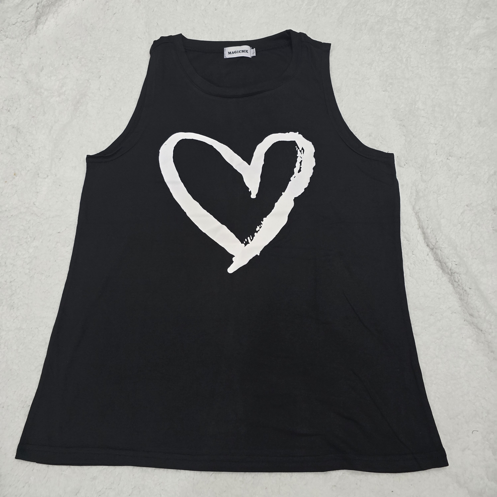 Magic Black Sleeveless Muscle Tee with Heart Design Size LARGE